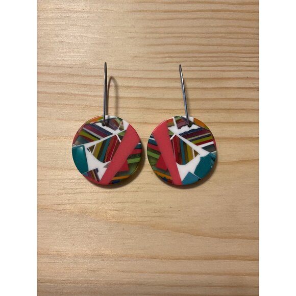 Colorful Geometric Acrylic Circle Earrings With Silver Hooks - Picture 1 of 4